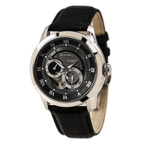 A135 Men's Grey Aperture Dial 21 Jewels Automatic Black Leather Strap Watch - Bulova - Modalova