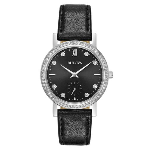 L246 Women's Crystal Quartz Black Leather Strap Black Dial Swarovski Watch - Bulova - Modalova