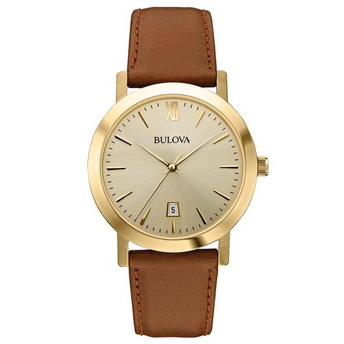 B135 Men's Gold Dial Gold Steel Brown Leather Strap Date Watch - Bulova - Modalova