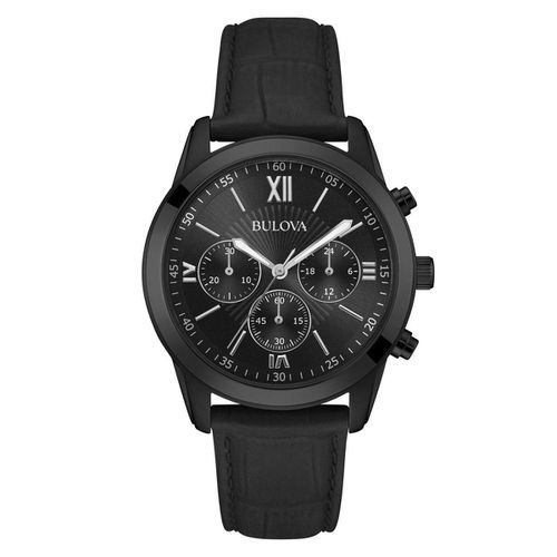 A152 Men's Classic Black Leather Strap Chronograph Quartz Black Dial Watch - Bulova - Modalova