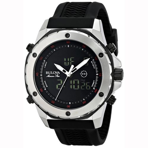 C119 Men's Marine Star Alarm Chronograph Black Ana-Digi Dial Black Rubber Strap Watch - Bulova - Modalova