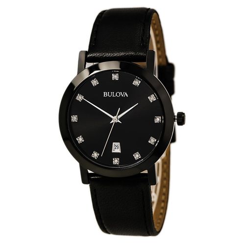 D124 Men's Black Dial Black IP Steel Black Leather Strap Diamond Watch - Bulova - Modalova