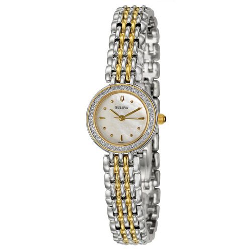 R151 Women's Petite Classic Diamond Accented Bezel MOP Dial Two Tone Steel Watch - Bulova - Modalova
