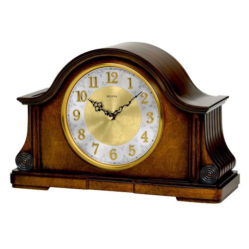 B1975 Chadbourne II Silver & Gold Dial Walnut Wood Chiming Mantel Clock - Bulova - Modalova