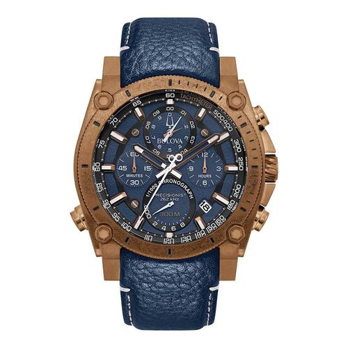 Men's Chronograph Watch - Precisionist Champlain Blue Leather Strap / 97B186 - Bulova - Modalova