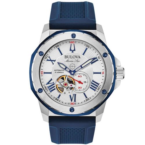 Men's Automatic Watch - Marine Star Blue & Red Silicone Rubber Strap / 98A225 - Bulova - Modalova
