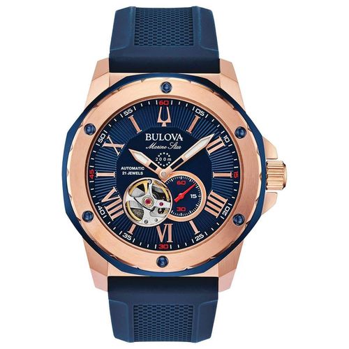 Men's Automatic Watch - Marine Star Blue & Red Silicone Rubber Strap / 98A227 - Bulova - Modalova