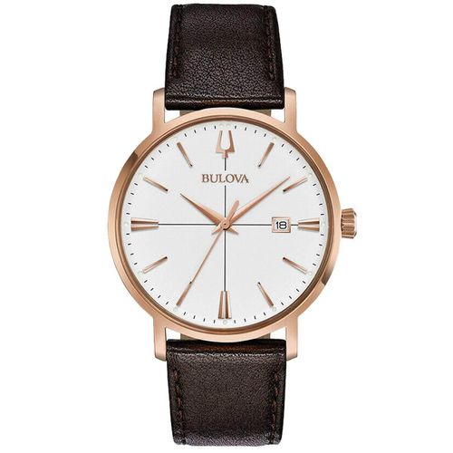 Men's Quartz Watch - Aerojet White Dial Brown Leather Strap / 97B166 - Bulova - Modalova