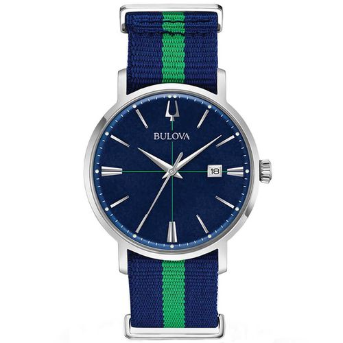 Men's Quartz Watch - Classic Blue Dial Green and Blue Nylon Strap / 96B316 - Bulova - Modalova