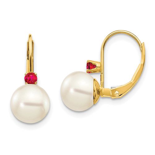 K 7-7.5mm White Round FW Cultured Pearl Ruby Leverback Earrings - Jewelry - Modalova