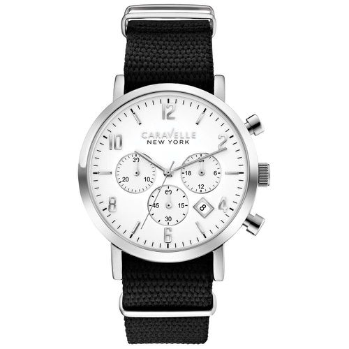 B137 Men's New York Jasper White Dial Black Nylon Strap Chronograph Watch - Caravelle - Modalova