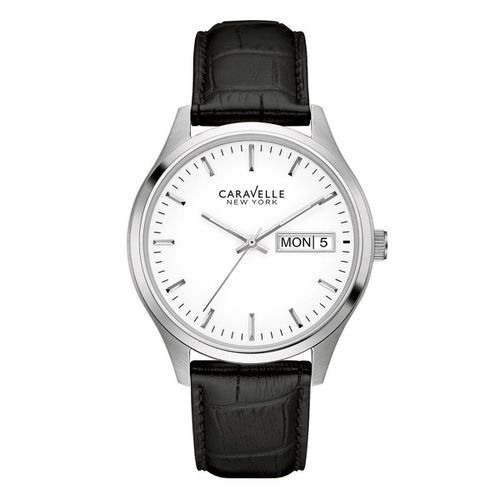C113 Men's Black Leather Quartz White Watch - Caravelle - Modalova
