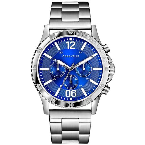 Men's Bracelet Watch - Quartz Chronograph Blue Dial Silver Steel / 43A145 - Caravelle - Modalova