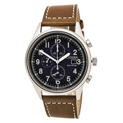 Men's Chronograph Watch - Chandler Eco-Drive Blue Dial Brown Leather Strap - Citizen - Modalova