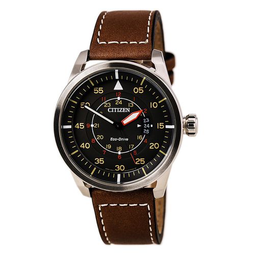 Men's Leather Strap Watch - Avion Eco-Drive Charcoal Dial / AW1361-10H - Citizen - Modalova