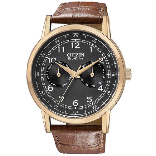 Men's Leather Strap Watch - Eco-Drive Rose Gold Steel Black Dial / AO9003-08E - Citizen - Modalova