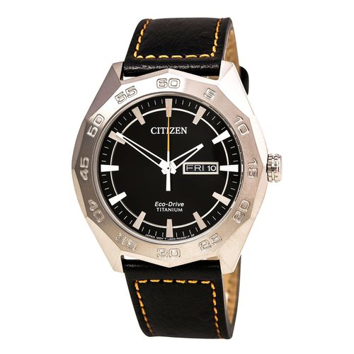 AW0060-03E Men's Super Titanium Eco-Drive Black Dial Black Leather Strap Watch - Citizen - Modalova