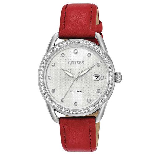 FE6110-04A Women's LTR Swarovski Crystal Bezel Silver Dial Ruby Red Leather Strap Watch - Citizen - Modalova