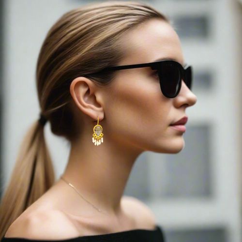 Gold Earrings With Rutile & Pearls - Tonia Makri - Modalova