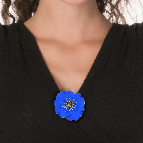Handmade Gold Royal Blue Poppy Flower Brooch - Stavros - Modalova