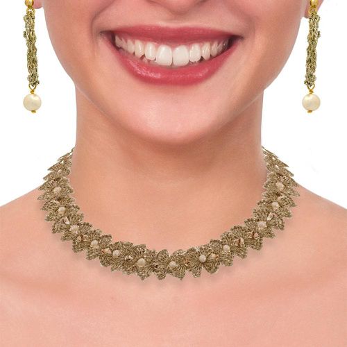 Gold Vintage Crochet Choker Necklace with Pearls - Vasso Galati - Modalova