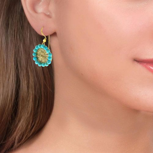 Gold Plated Crochet Drop Earrings With Turquoise - Vasso Galati - Modalova