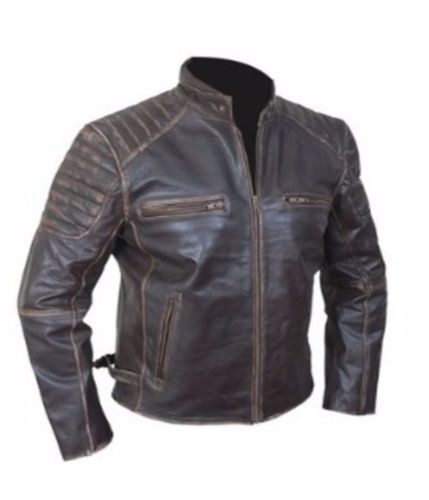 Men's Vintage Cafe Racer Biker Genuine Brown Leather Jacket - Feather skin - Modalova