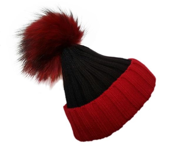 Black and Red Bobble Hat with Carmine Color Fur - Feather skin - Modalova