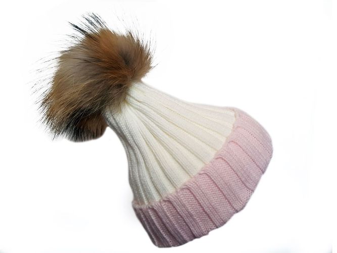 Pink and off White Bobble Hat with Brown Fur - Feather skin - Modalova