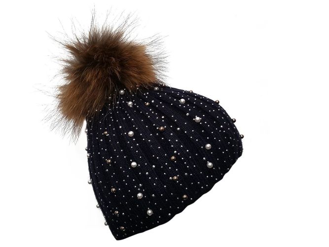 Black Bobble Hat with Brown Fur - Feather skin - Modalova