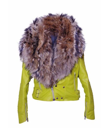 Women's Sheepskin Fashion Leather Jacket Lime Color with Genuine Fox Fur - Feather skin - Modalova
