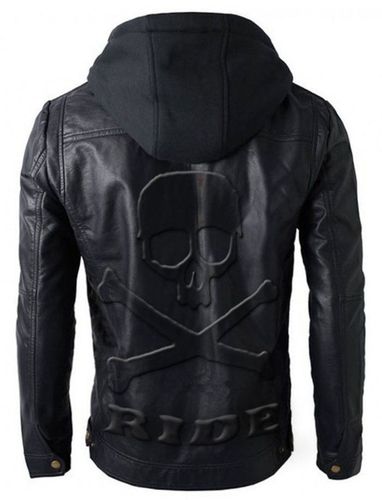 Brando Style Motorbike Genuine Leather Jacket Hoodie with Skull Embossed Logo at Back - Feather skin - Modalova