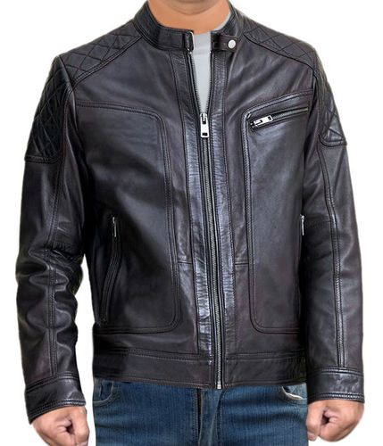 Biker Style Motorbike Genuine Leather Jacket Black - Feather skin - Modalova