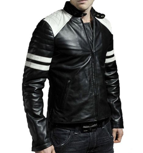 Men's Biker Leather Jacket White Stripes on Sleeves - Feather skin - Modalova