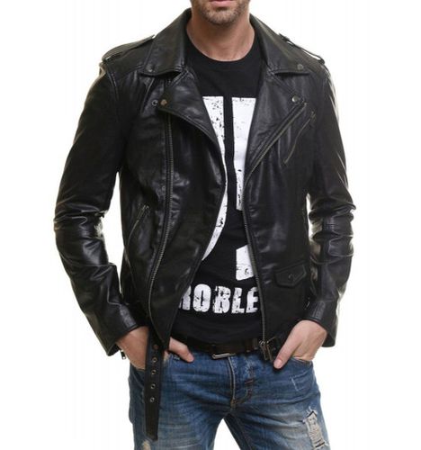 Men's Motorcycle Genuine Leather Jacket Black - Feather skin - Modalova