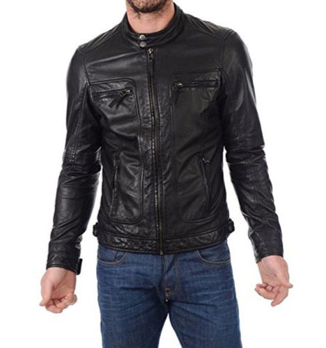 Men's Biker Slim Fit Genuine Leather Jacket Black - Feather skin - Modalova