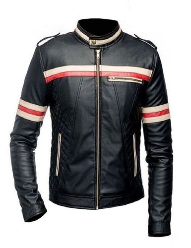 Men's Cafe Racer Biker Style Motorcycle Genuine Leather Jacket Black with Red and White Stripes - Feather skin - Modalova