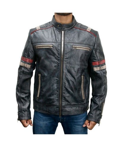 Men's Biker Style Motorbike Distressed Genuine Leather Jacket Black - Feather skin - Modalova