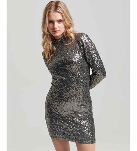 W8011486A Mini-robe à paillettes avec encolure en perkins argentés (XXS), Fête, Polyester, Manche longue - Superdry - Modalova