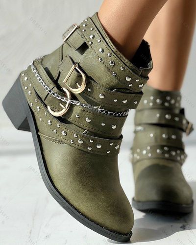 Fashion Women Rivet Buckle Strap Zip Up Chunky Heel Punk Boots - DressLily.com - Modalova