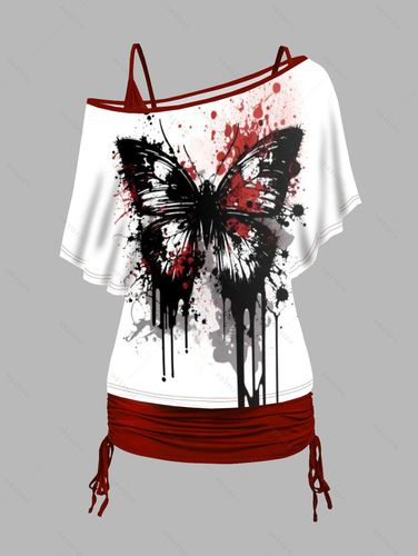 Women Butterfly Bleeding Print Oblique Shoulder T-shirt And Cinched V Neck Spaghetti Strap Camisole Two Piece Set Clothing Xxl - DressLily.com - Modalova