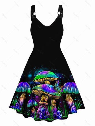 Women Galaxy Colorful Mushroom Print V Neck Dress O Ring Straps Sleeveless A Line Tank Dress Clothing Xxl / us 12 - DressLily.com - Modalova