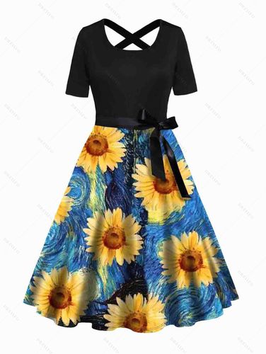 Dresslily WomenFRDresslily Plus Size Van Gogh Sunflower Print Dress Belted High Waisted Crisscross Short Sleeve A Line Midi Dress Clothing Onl - DressLily.com - Modalova