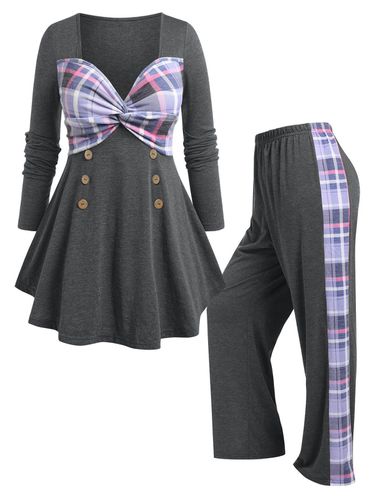 Cheap Women Plus Size Plaid Twist Long Sleeve Pajama T-shirt and Pants Set Clothing Online 2x - DressLily.com - Modalova