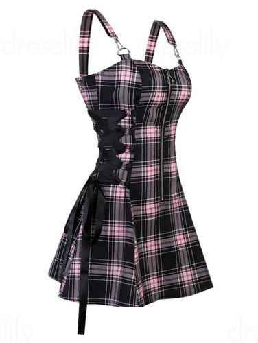 Dresslily Vintage Plaid Print Mini Dress Lace Up Gothic Dress O Ring Half Zipper Strap Sleeveless Dress Xl - DressLily.com - Modalova