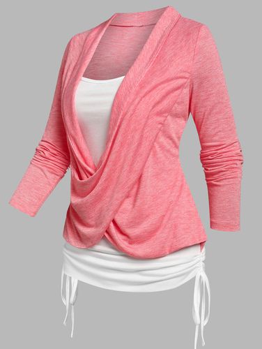 Dresslily Women Crossover Heathered Long Sleeves Ruched Cinched Faux Twinset T-shirt Clothing S - DressLily.com - Modalova