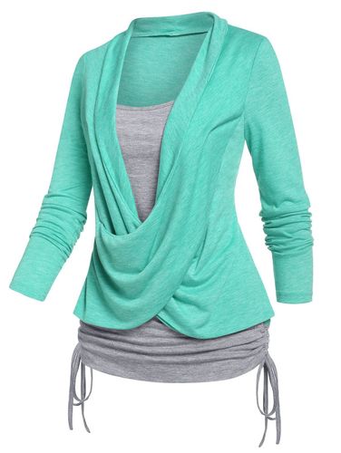 Dresslily Women Crossover Heathered Long Sleeves Ruched Cinched Faux Twinset T-shirt Clothing S - DressLily.com - Modalova