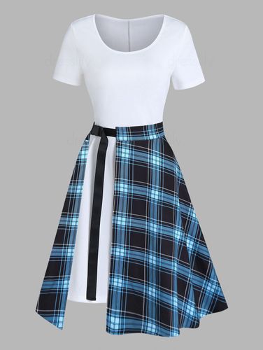 Women Solid Color Short Sleeve Longline T Shirt and Vintage Plaid Print Slit A Line Midi Skirt Two Piece Summer Casual Outfit M - DressLily.com - Modalova
