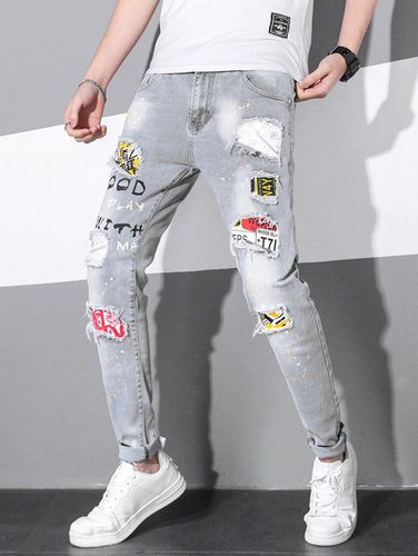 Men Jean Slogan Ripped Patches Denim Pants Painting Dots Print Long Straight Casual Jeans Clothing Online 34 - DressLily.com - Modalova
