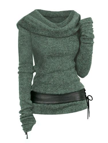 Women Hooded Cowl Front Belted Lace Up Sweater Clothing L - DressLily.com - Modalova